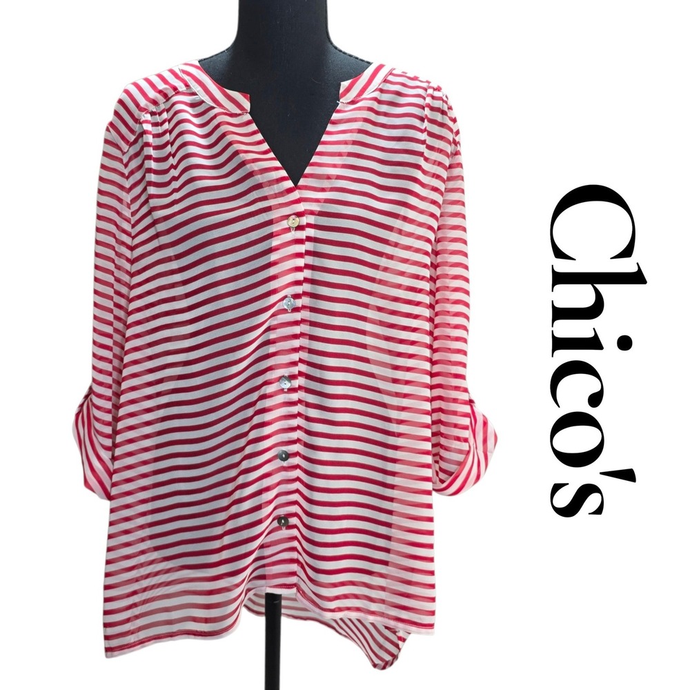 Chico's Striped Blouse 2 Large Red White Roll Tab Sleeve Coastal Chic Sheer